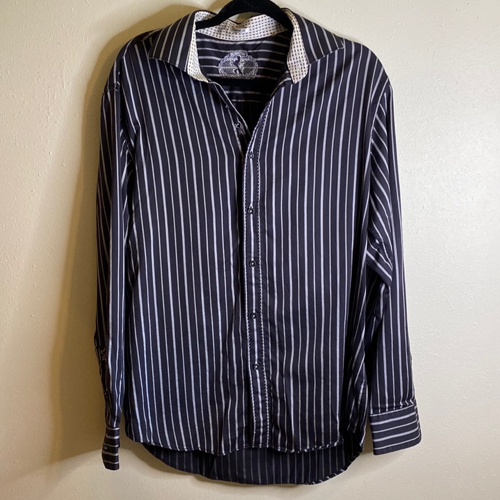 Bugatchi Shaped Fit Silver Black Striped Button Down Shirt Sz L